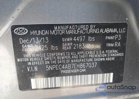 2014 Hyundai Sonata Se 2.0T from USA, damaged, VIN 5NPEC4AB7EH867037